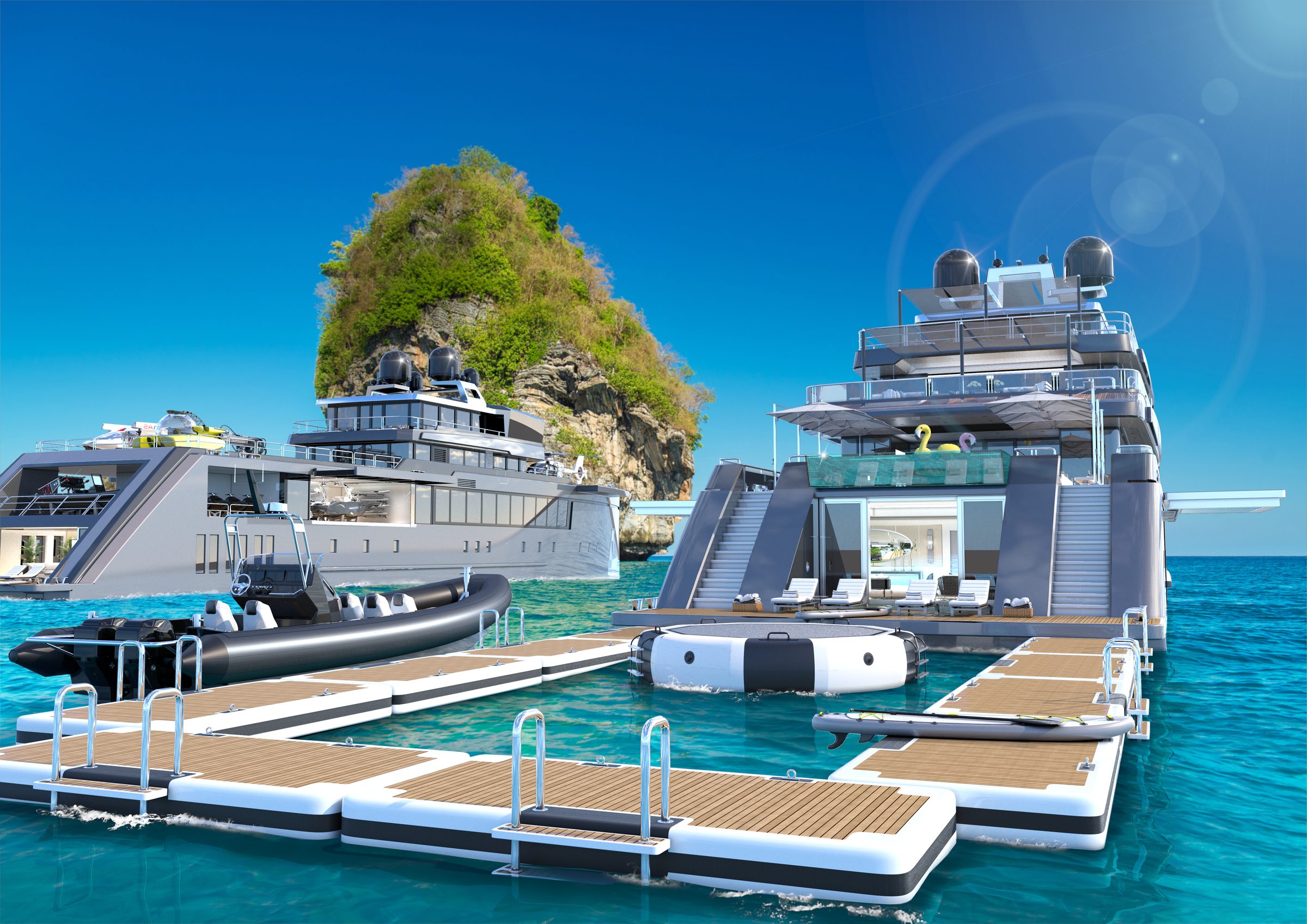 The Twins deployed at a tropical anchorage with floating docks and tenders