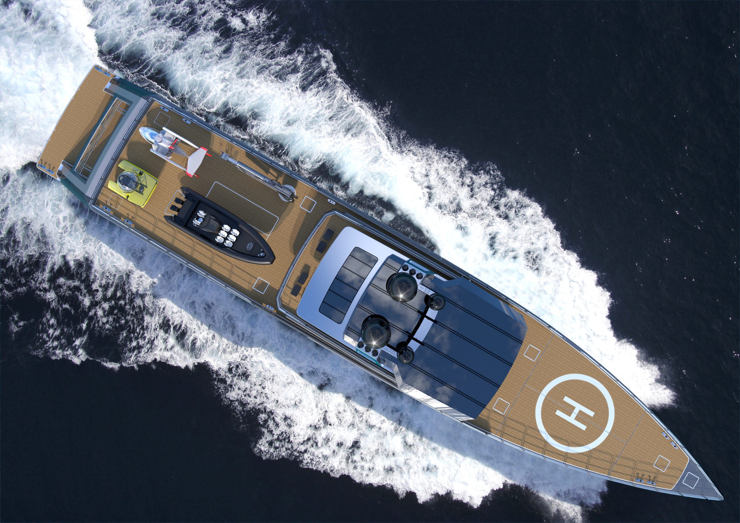 Support vessel from above, showing helipad and tender bays