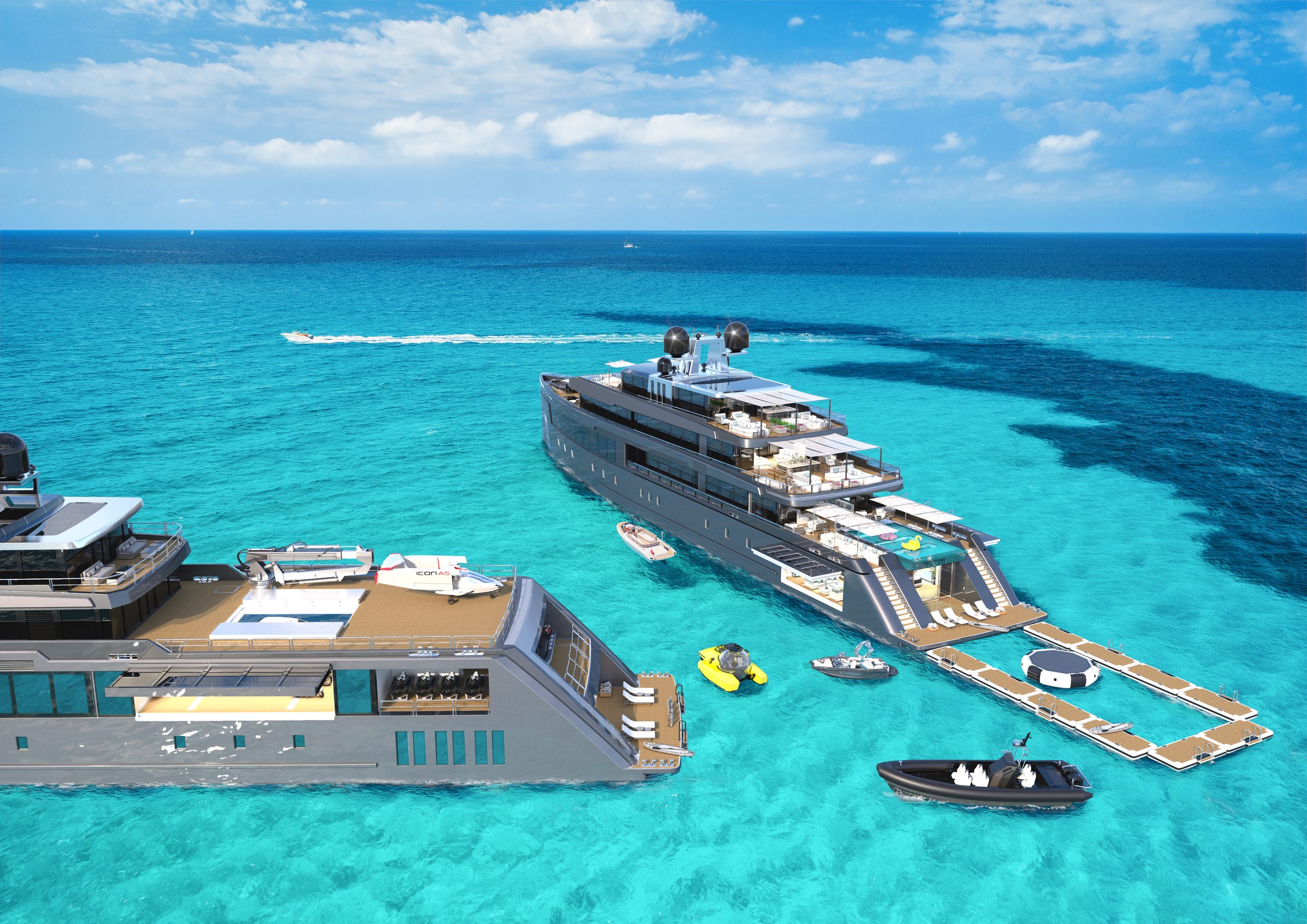 Full toy deployment including submarine, aircraft and tenders